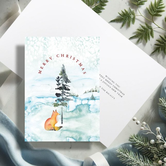 Tarjeta de Navidades de Ilustracion Fox Cute Water (Merry Christmas wishes watercolor fox holiday card with unique art by Victoria Grigaliunas)