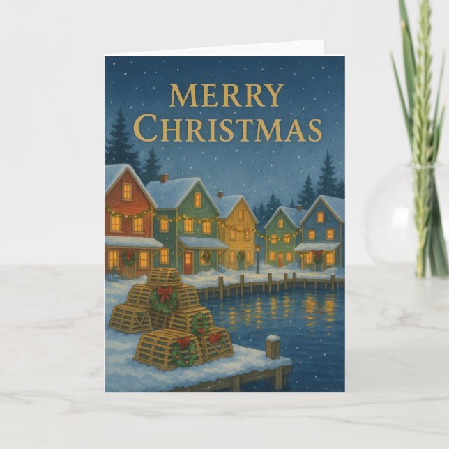 Tarjeta de Navidades de la aldea pesquera costera (Anverso)