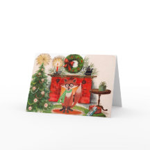 Tarjeta de Navidades de la chimenea y la Fox