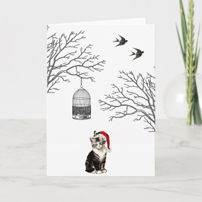 Tarjeta de Navidades de la jaula de pájaros Kitten (Anverso)