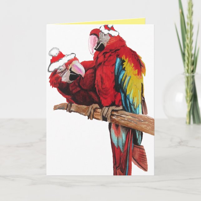 Tarjeta de Navidades de loro rojo de Santa Macaws (Anverso)