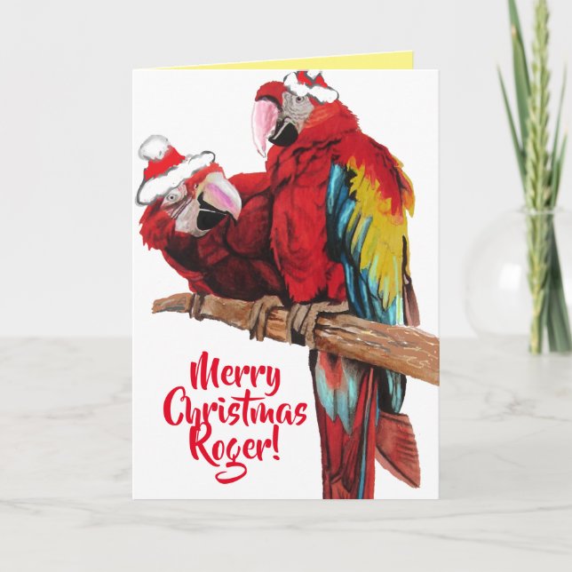 Tarjeta de Navidades de loro rojo de Santa Macaws (Anverso)