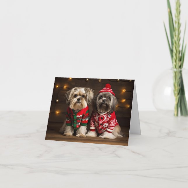 Tarjeta de Navidades de los perros Apso de Lhasa (Anverso)