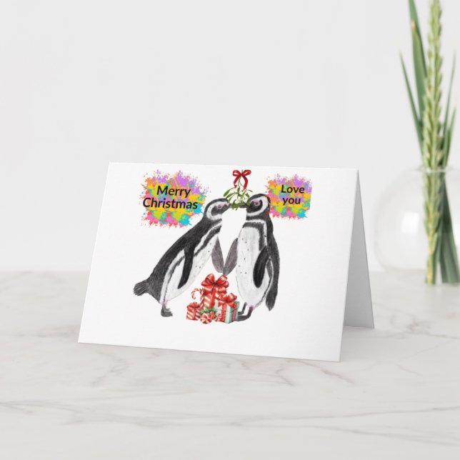 Tarjeta de Navidades de los pingüinos enamorado (Anverso)
