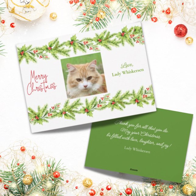 Tarjeta de Navidades de Mascota de vacaciones de p (Adorable Cat Christmas customizable photo card. Perfect for loved ones or your favorite pet sitter.)