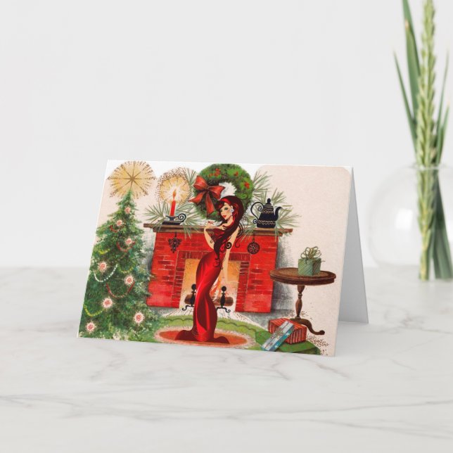 Tarjeta de Navidades de mujeres sexys y chimenea (Anverso)