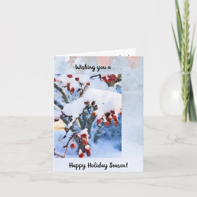 Tarjeta de Navidades de nieve con granos de manzan (Anverso)