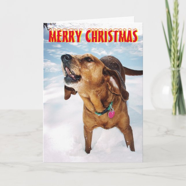 Tarjeta de Navidades de nieve ladrando perro (Anverso)