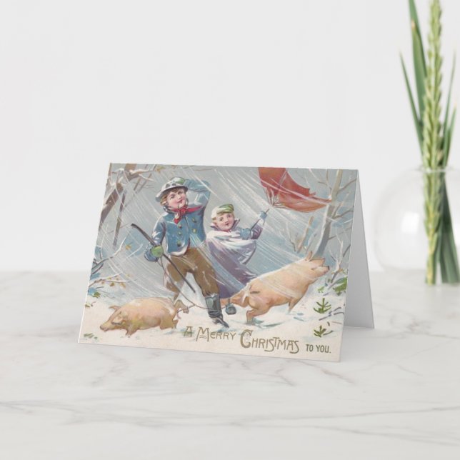 Tarjeta de Navidades de niños y cerdos de Victoria (Anverso)