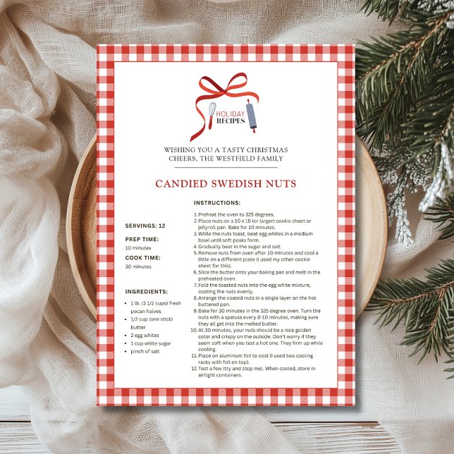 Tarjeta de Navidades de nueces suecas de recetas n (Candied Swedish Nuts Red Check Buffalo Plaid Holiday Recipe Christmas Card 5x7)
