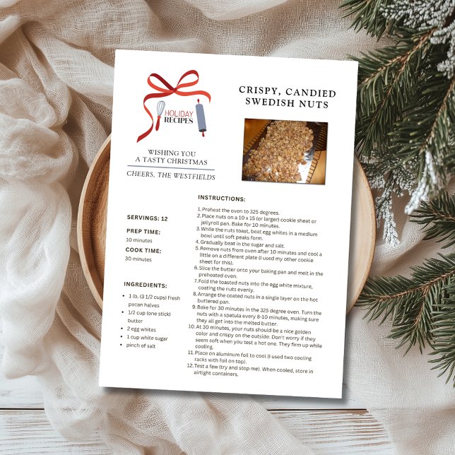 Tarjeta de Navidades de nueces suecas de recetas n (Crispy Candied Swedish Nuts Holiday Recipe Christmas Card)