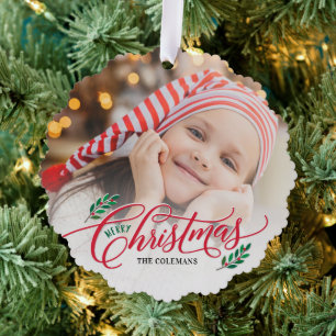 Tarjeta de Navidades de ornamentos de foto de rama