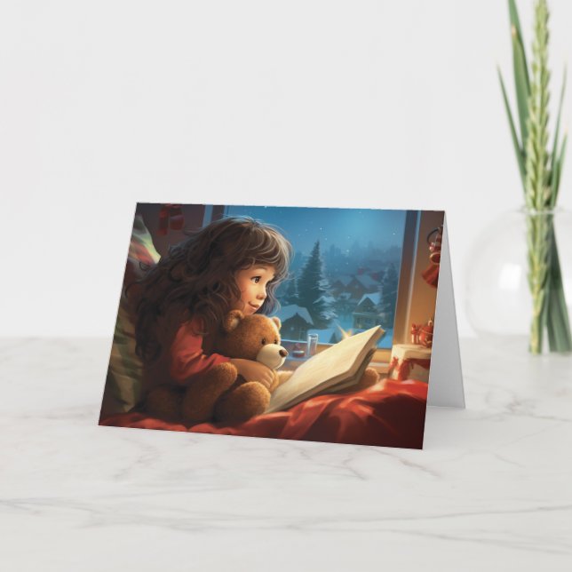 Tarjeta de Navidades de osito de niñita y peluche (Anverso)