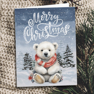 Tarjeta de Navidades de oso polar con bufanda roja