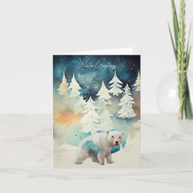 Tarjeta de Navidades de oso polar y árboles nevado (Anverso)