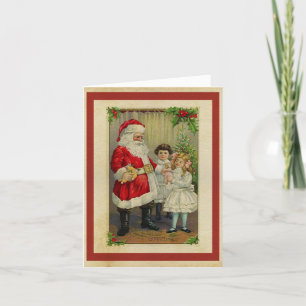 Tarjeta de Navidades de Papá Noel y Niñas Vintage