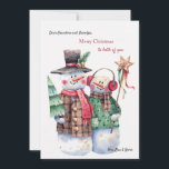 Tarjeta de Navidades de pareja Snowman<br><div class="desc">Una encantadora tarjeta de Navidades con un muñeco de nieve y una pareja de nevadas vestidos para las vacaciones. Tarjeta de felicitación perfecta para abuelos o de abuelos a todos. (Imagen de Toniatkach en Freepik). La tarjeta es fácil de personalizar con su texto, fuente y color de fuente. ¿No es...</div>