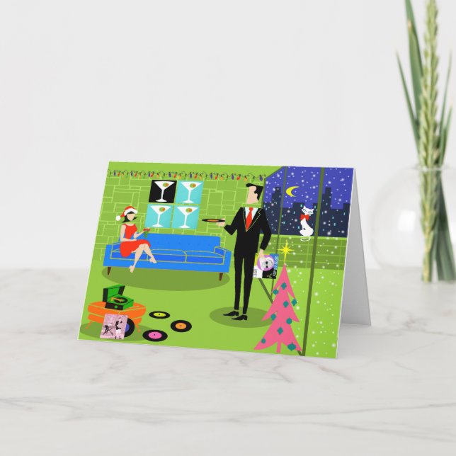 Tarjeta de Navidades de parejas urbanas retro (Anverso)