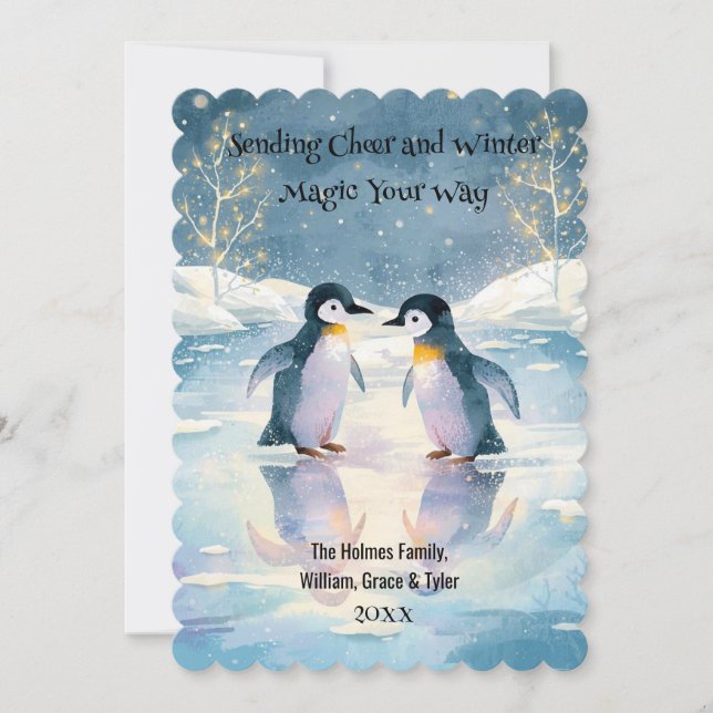 Tarjeta de Navidades de patinaje sobre hielo pingü (Anverso)