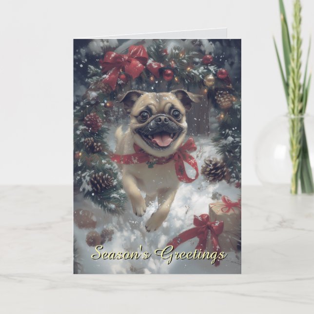 Tarjeta de Navidades de perro de pug emocionada (Anverso)