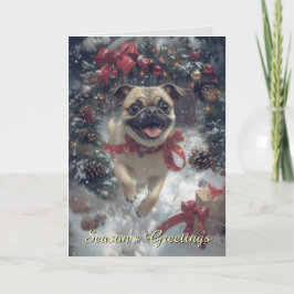 Tarjeta de Navidades de perro de pug emocionada