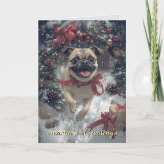 Tarjeta de Navidades de perro de pug emocionada