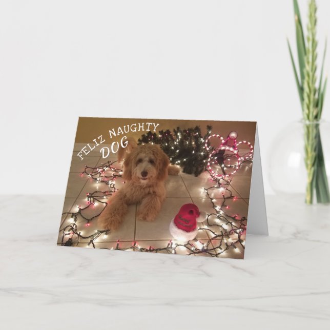 Tarjeta de Navidades de perro traviesa Feliz (Anverso)