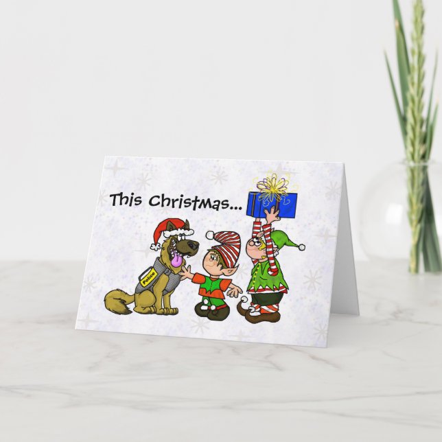 Tarjeta de Navidades de perros y elfos de la polic (Anverso)