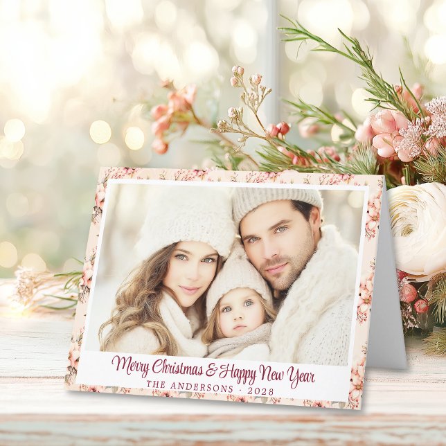 Tarjeta de Navidades de Personalizable floral rosa (Shabby Chic Pink Card)