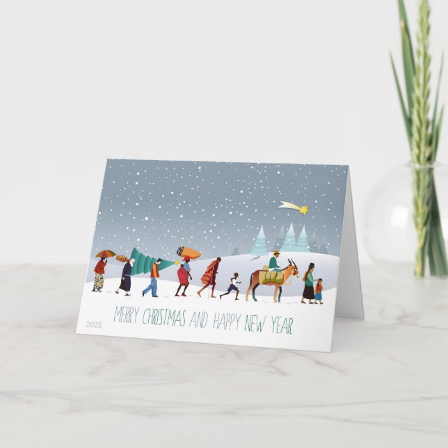 Tarjeta de Navidades de personas de etnia que viaj (Anverso)