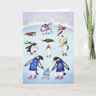 Tarjeta de Navidades de pingüinos para patinar en
