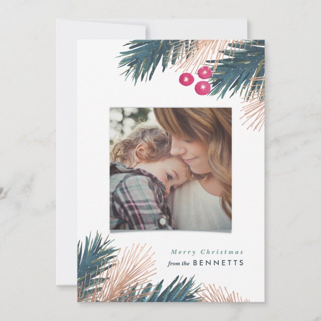 Tarjeta de Navidades de Pino Metálico y Berries (Anverso)