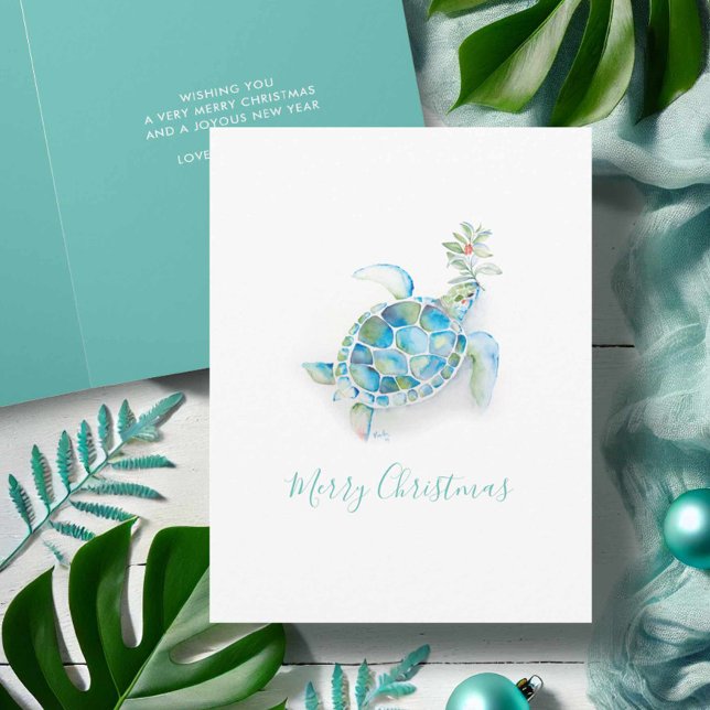 Tarjeta de Navidades de playa de tortugas marinas  (Coastal Christmas cards turquoise watercolor sea turtle art by Victoria Grigaliunas Do Tell A Belle)