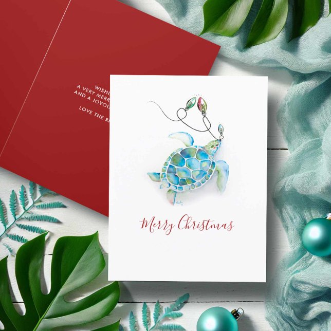 Tarjeta de Navidades de playa de tortugas marinas  (Beach Christmas cards watercolor sea turtle and holiday lights art by Victoria Grigaliunas. )