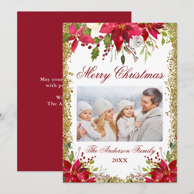 Tarjeta de Navidades de Poinsettia Floral Photo Pu (Anverso / Reverso)