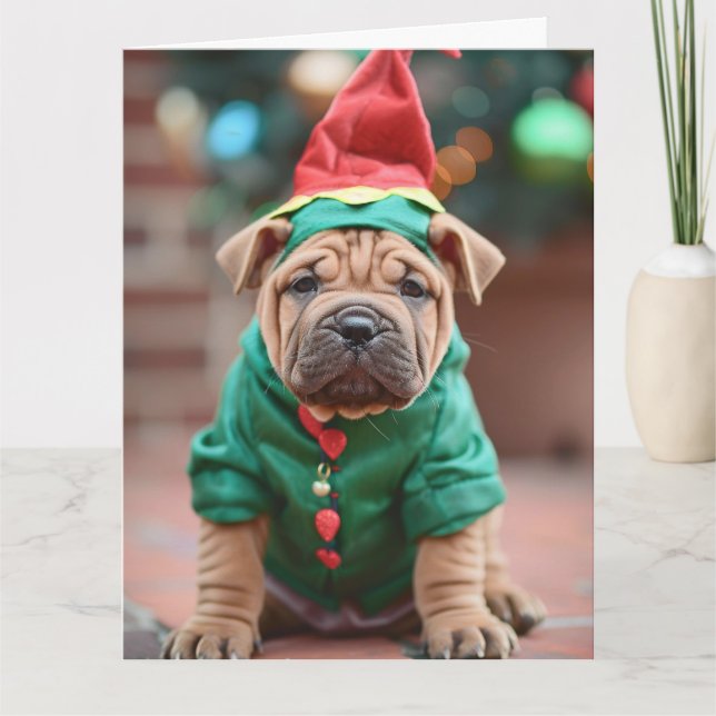 Tarjeta de Navidades de porras de Shar Pei Elf (Anverso)