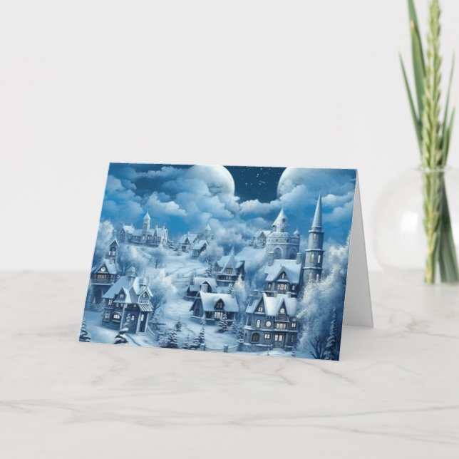Tarjeta de Navidades de pueblo azul de nieve inspi (Anverso)