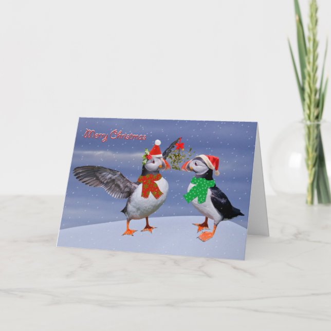 Tarjeta de Navidades de Puffins festivos (Anverso)