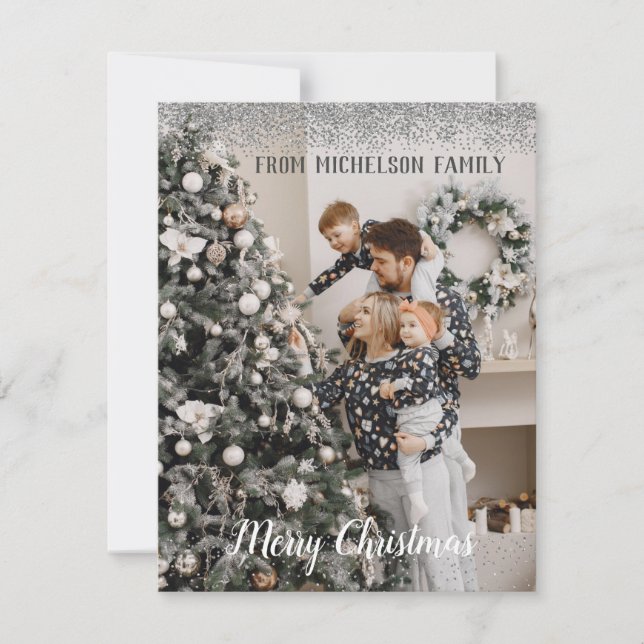 Tarjeta de Navidades de Purpurina de plata fotográ (Anverso)