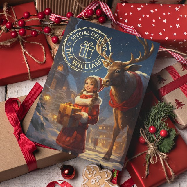 Tarjeta de Navidades de Relieve metalizado de entr (Personalized Reindeer Special Delivery Foil Christmas Card)