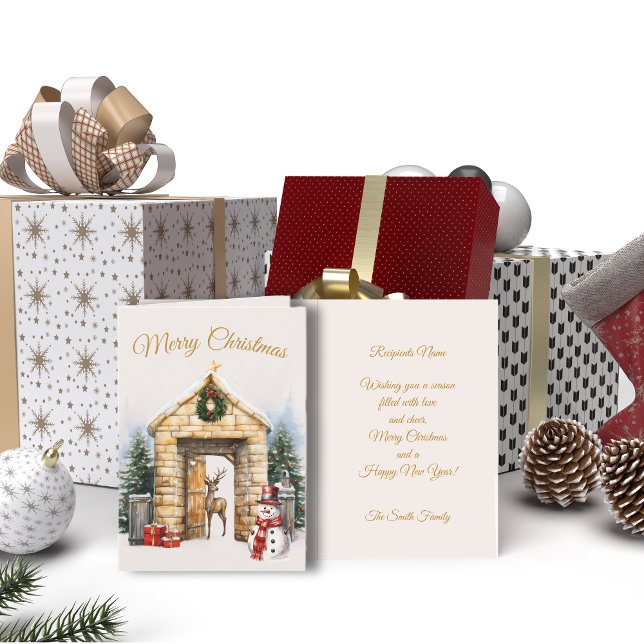 Tarjeta De Navidades De Renos Y Snowman (Front And Interior)