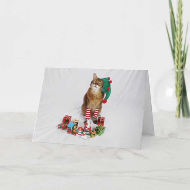 Tarjeta de Navidades de Santa Kitty Elf con el ver (Anverso)