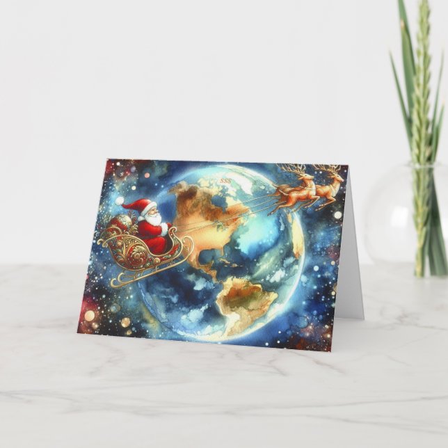 Tarjeta de Navidades de Santa sobre Sleigh (Anverso)