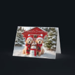 Tarjeta de Navidades de Snowman, actriz actriz de<br><div class="desc">Dos lindos y pequeños Goldens orgullosamente mostrando al muñeco de nieve que hicieron.</div>