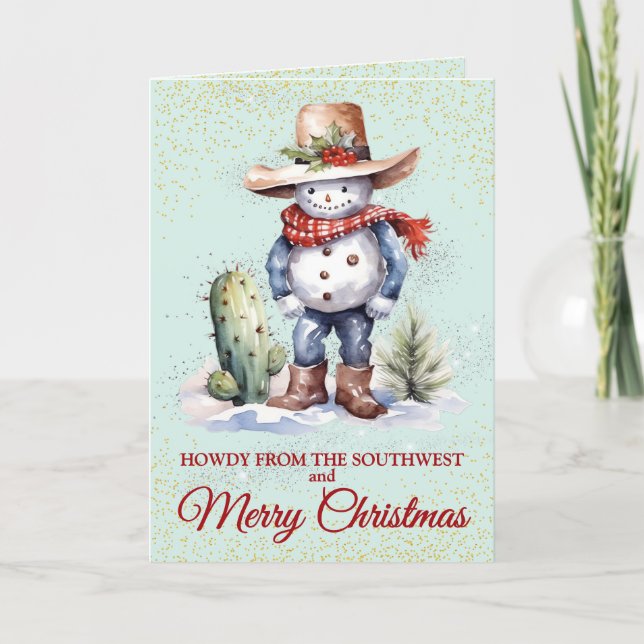 Tarjeta de Navidades de Snowman de postre suroeste (Anverso)