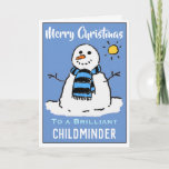 Tarjeta de Navidades de Snowman para un niñero<br><div class="desc">Tarjeta de Navidades divertidos decorada con un muñeco de nieve. Tarjeta de Navidades para niños. Personalizado divertido de muñecas de nieve con tarjeta de Navidades festivos. Tarjeta de navidades para un niñero.</div>