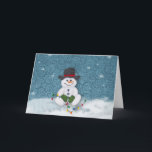 Tarjeta de Navidades de Snowman sentando<br><div class="desc">Esta tarjeta de Navidades de Sitting Snowman presenta la impresión de un muñeco de nieve que fue pintado usando acrílicos y luego con un fondo de arte digital.</div>