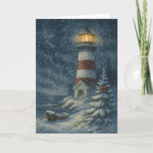 Tarjeta de Navidades de tormenta de nieve en faro
