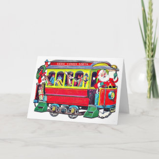 Tarjeta de Navidades de tren de Santa Claus vintag