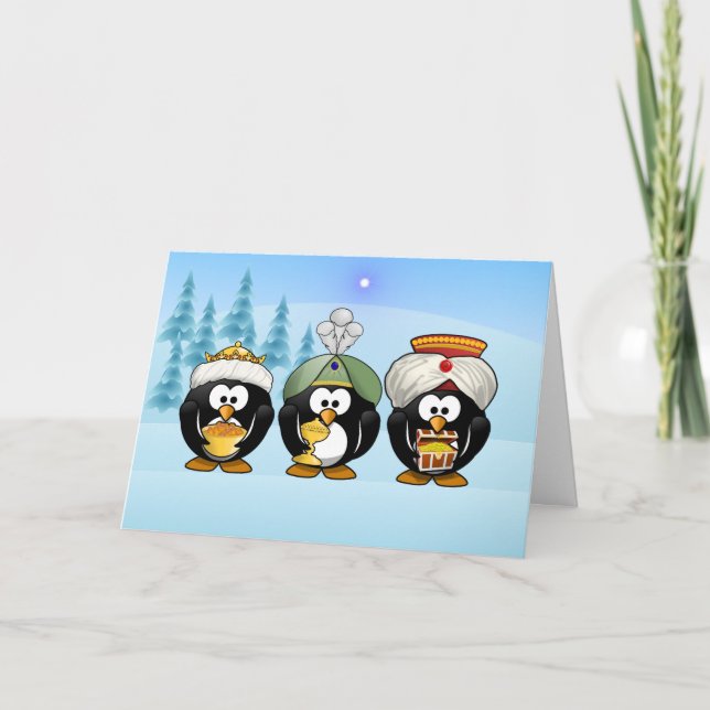 Tarjeta de Navidades de tres pingüinos de Wisemen (Anverso)